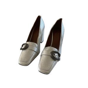 Coach Womens Silver 85mm Buckle Square Toe Metallic Jade Pump Shoes Size 5